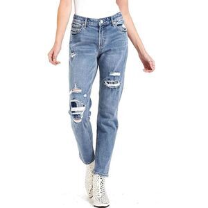 Dear John Jeans Womens 26 Blue Aiden Slim Girlfriend‎ Distressed Mid Light Wash